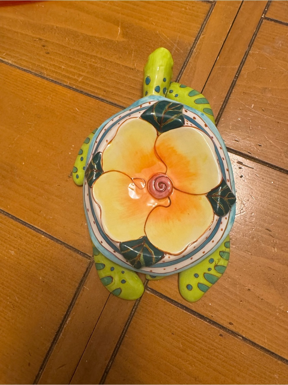 Hand-Painted Ceramic Turtle Trinket Dish with Yellow Flower